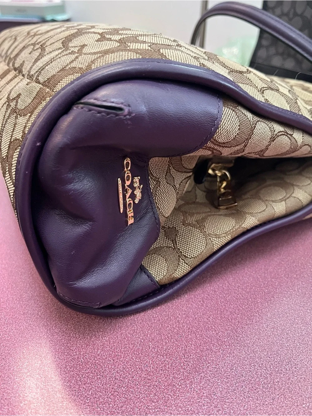 Coach Brown Signature Jacquard Shoulder Bag with Purple Trim. 3 compartments.GUC